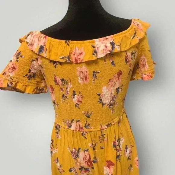 Xhilaration Yellow Floral Print Ruffled Smocked Bodice Off-Shoulder Mini Dress - Picture 9 of 14